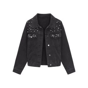 Spring Trendy Long Sleeve Button Down Pearl Denim Jacket Black